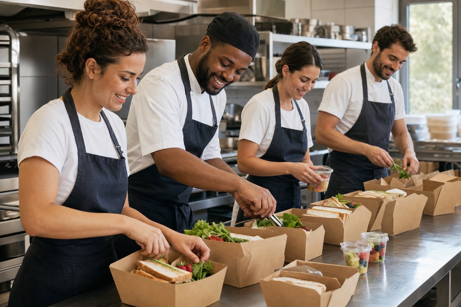 Kelderhouse Kitchen team assembling boxed lunches in the kitchen