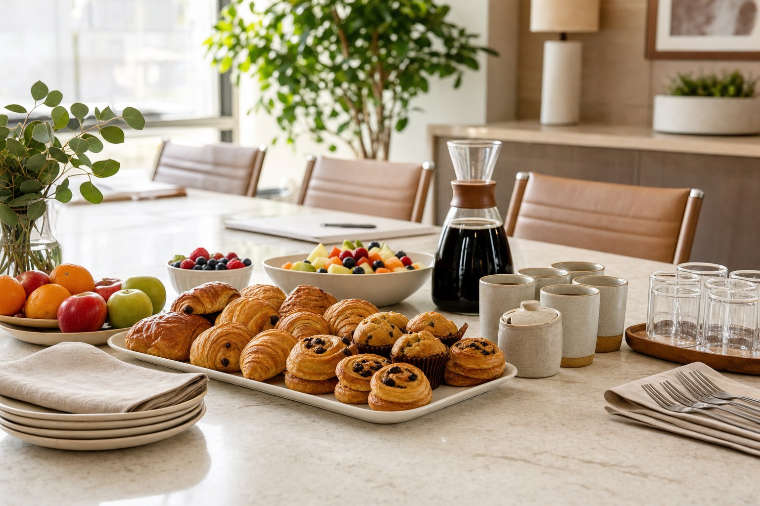 Breakfast catering prepared for an office meeting