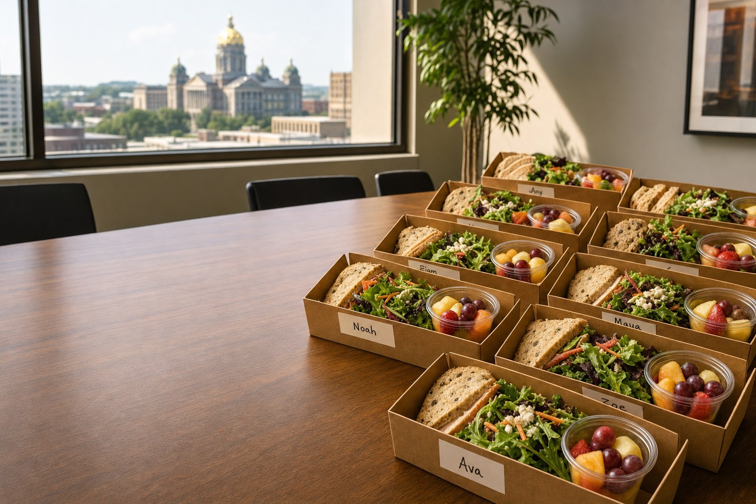 Individually labeled boxed lunches on an office meeting table