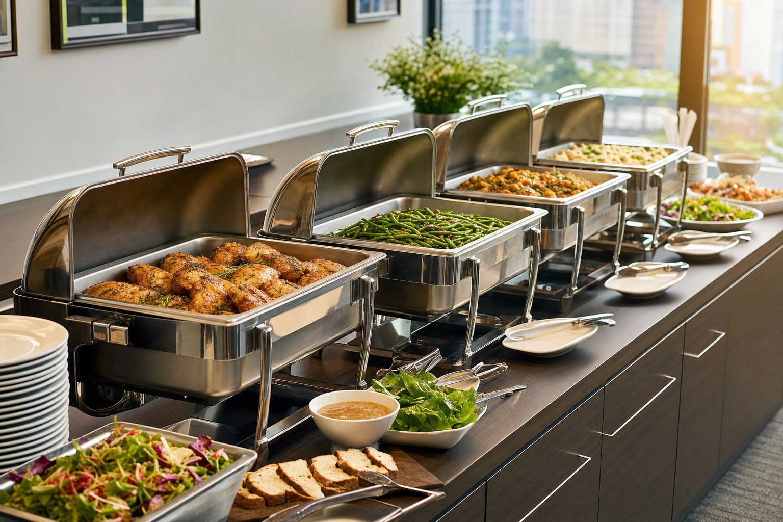 Hot office catering buffet with chicken, potatoes and green beans