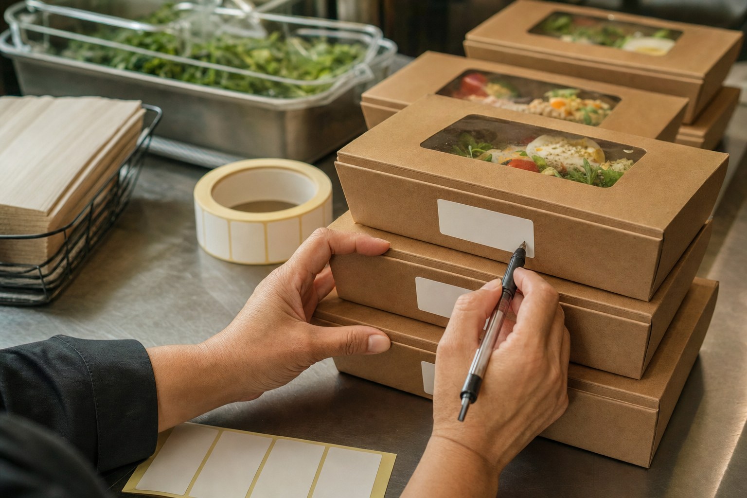 Catering coordinator writing labels on brown kraft lunch boxes
