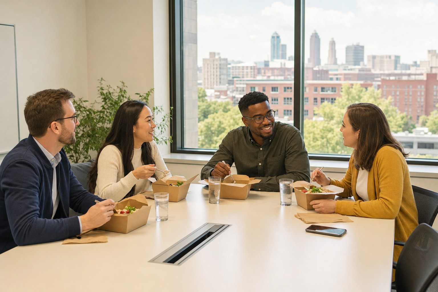 Coworkers sharing labeled lunch boxes around a conference table